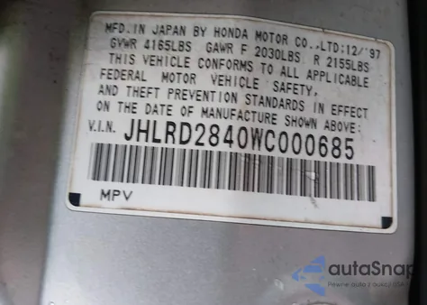 1998 Honda Cr-V Lx z USA, uszkodzony, nr VIN JHLRD2840WC000685